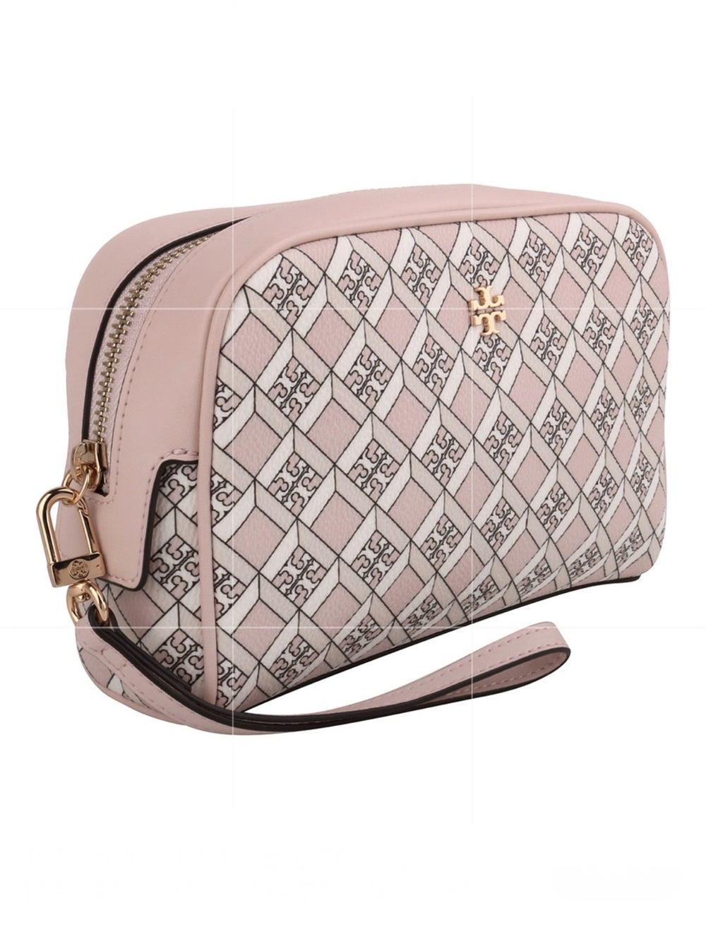 TORY BURCH Dusted Blush Geo Logo Allover Wristlet Essentials Pouch Makeup Bag